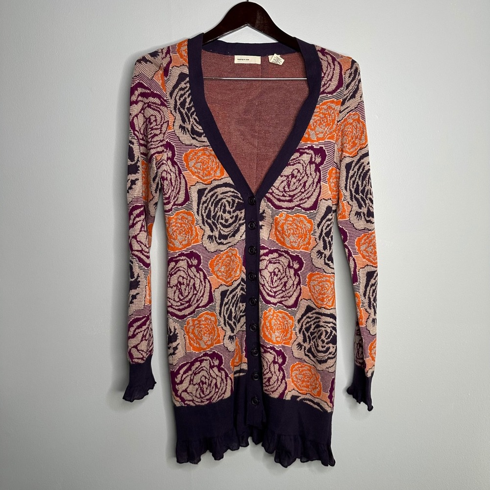 Sleeping on Snow Cardigan Women's Medium Purple Orange Rose‎ Floral Ruffle EUC